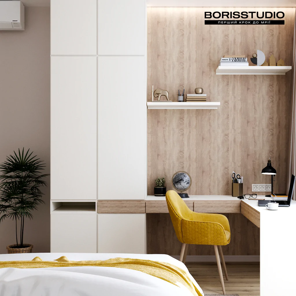 Дизайн интерьера спальни в стиле минимализм с желтой мебелью