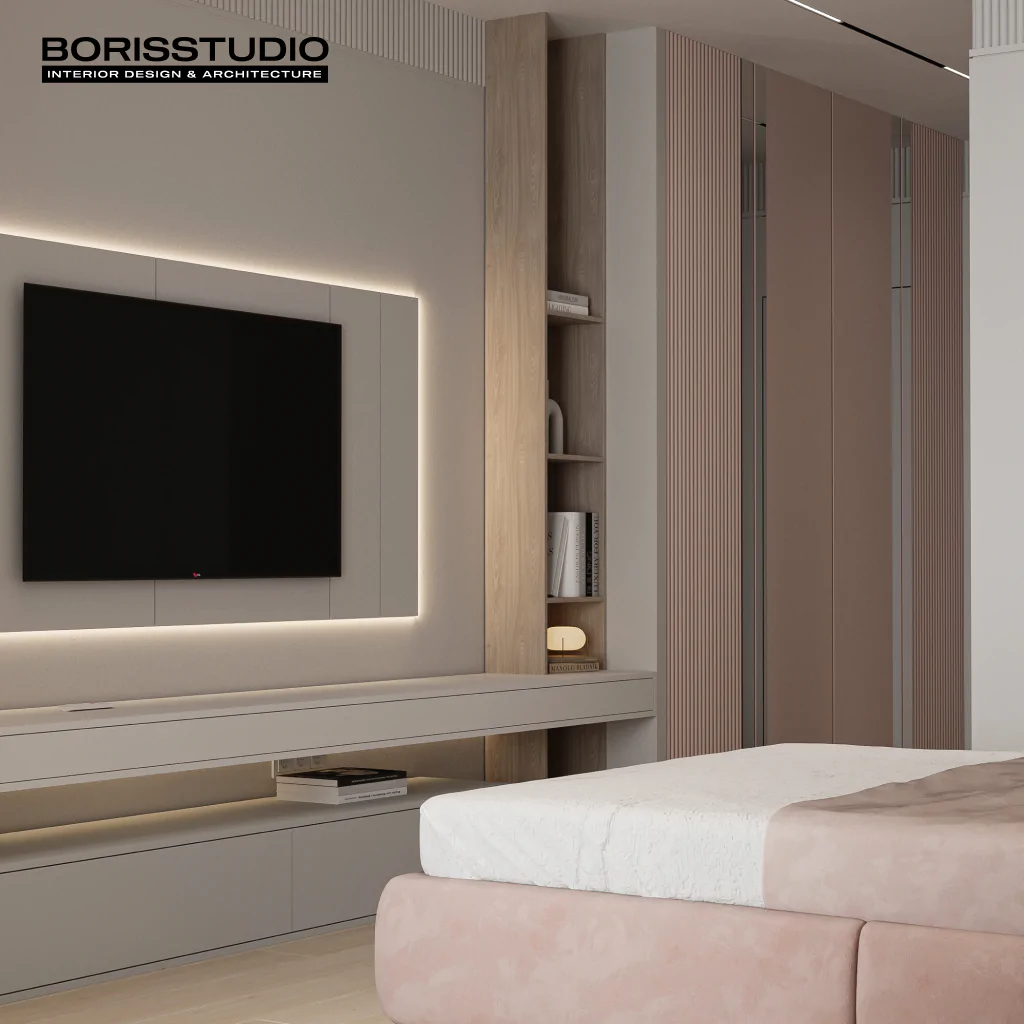 Дизайн интерьера спальни в стиле минимализм с розовыми акцентами