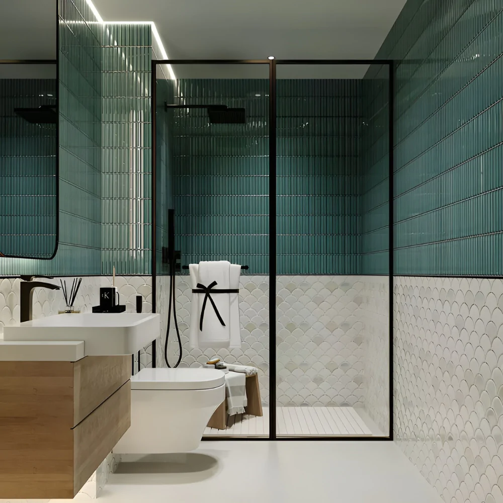 Мозаїка в інтер'єрі ванної кімнати з душовою кабіною