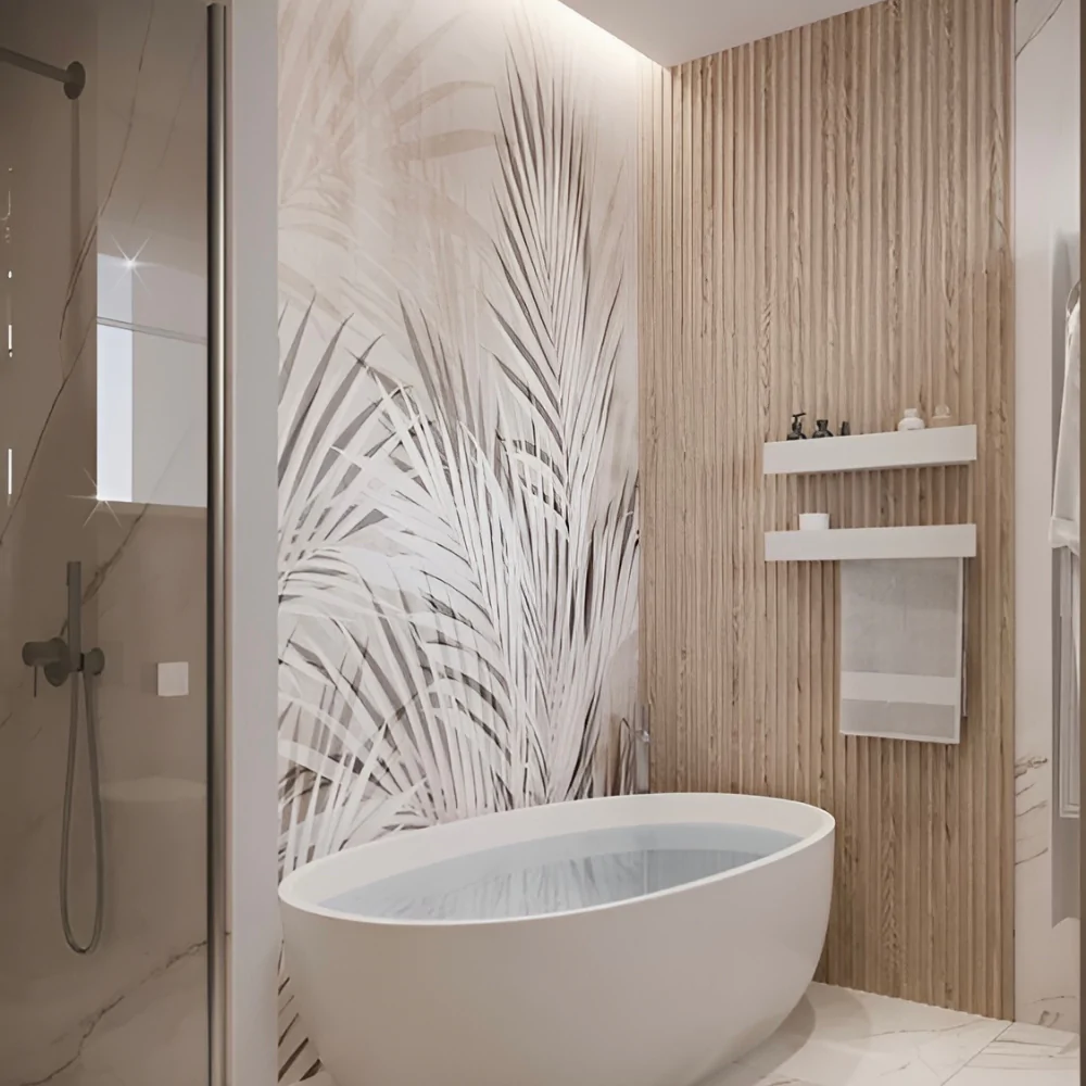 Шпалери в інтер'єрі ванної кімнати з душовою кабіною