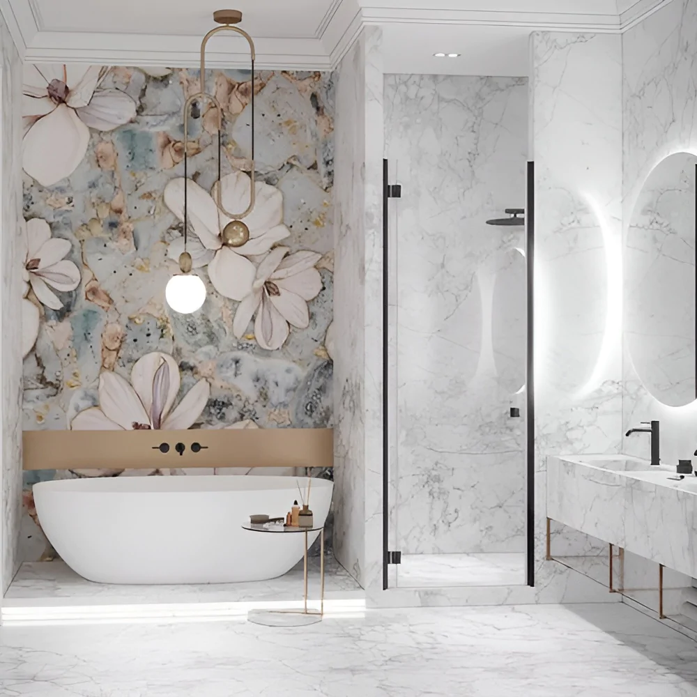 Оформлення ванної з душовою кабіною шпалерами