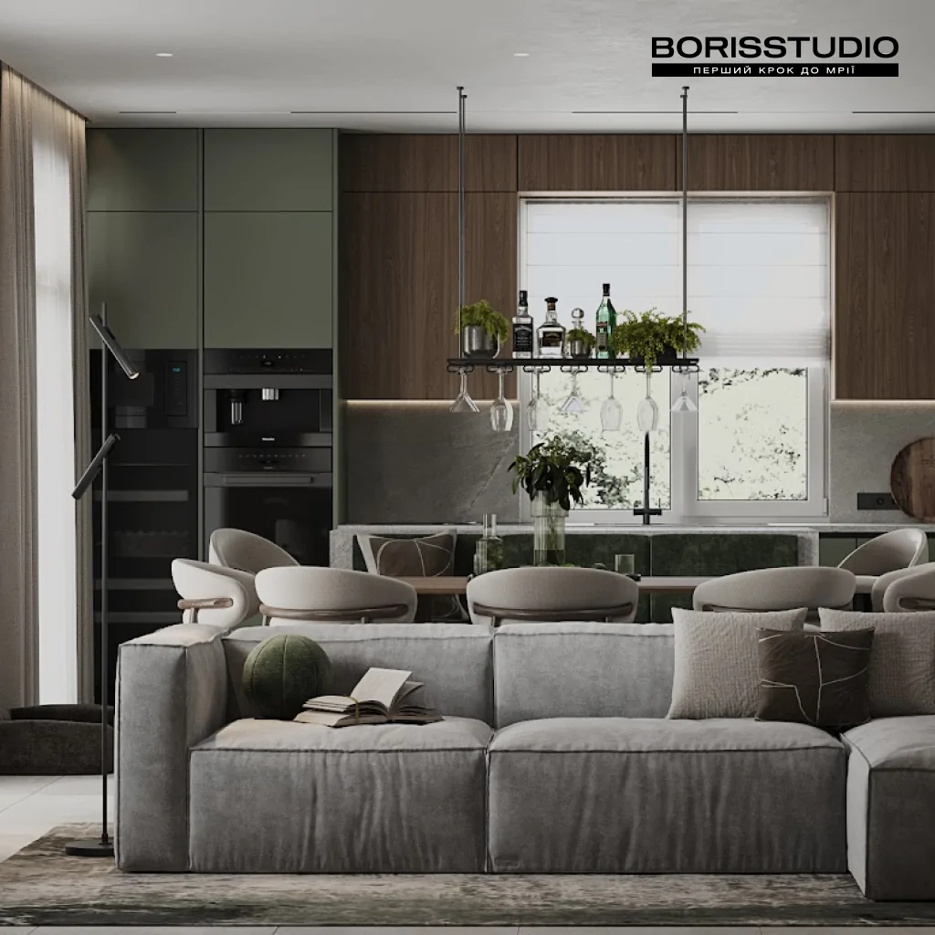 Дизайн інтер'єру будинку в оливковому та коричневому кольорах