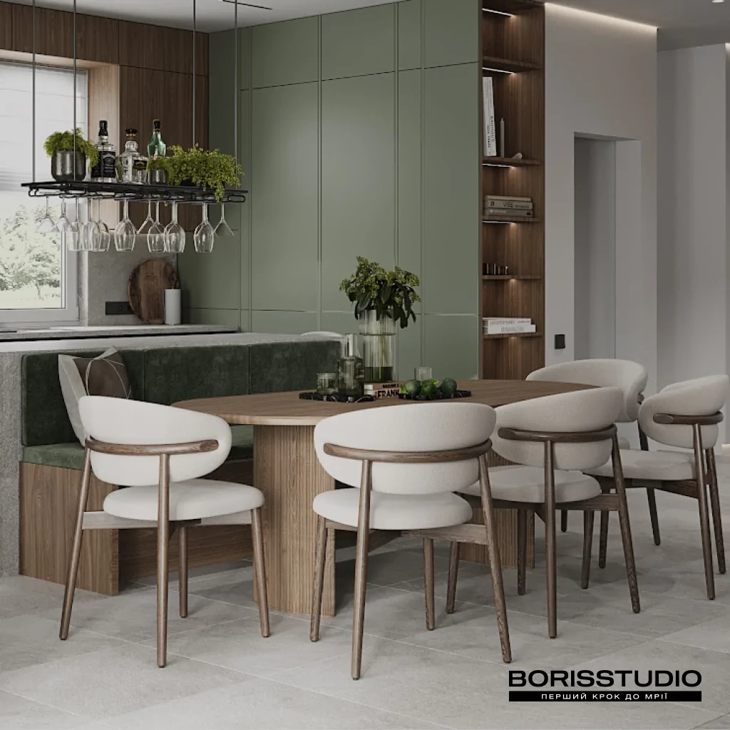 Оливковий дизайн інтер'єру у поєднанні з коричневим кольором