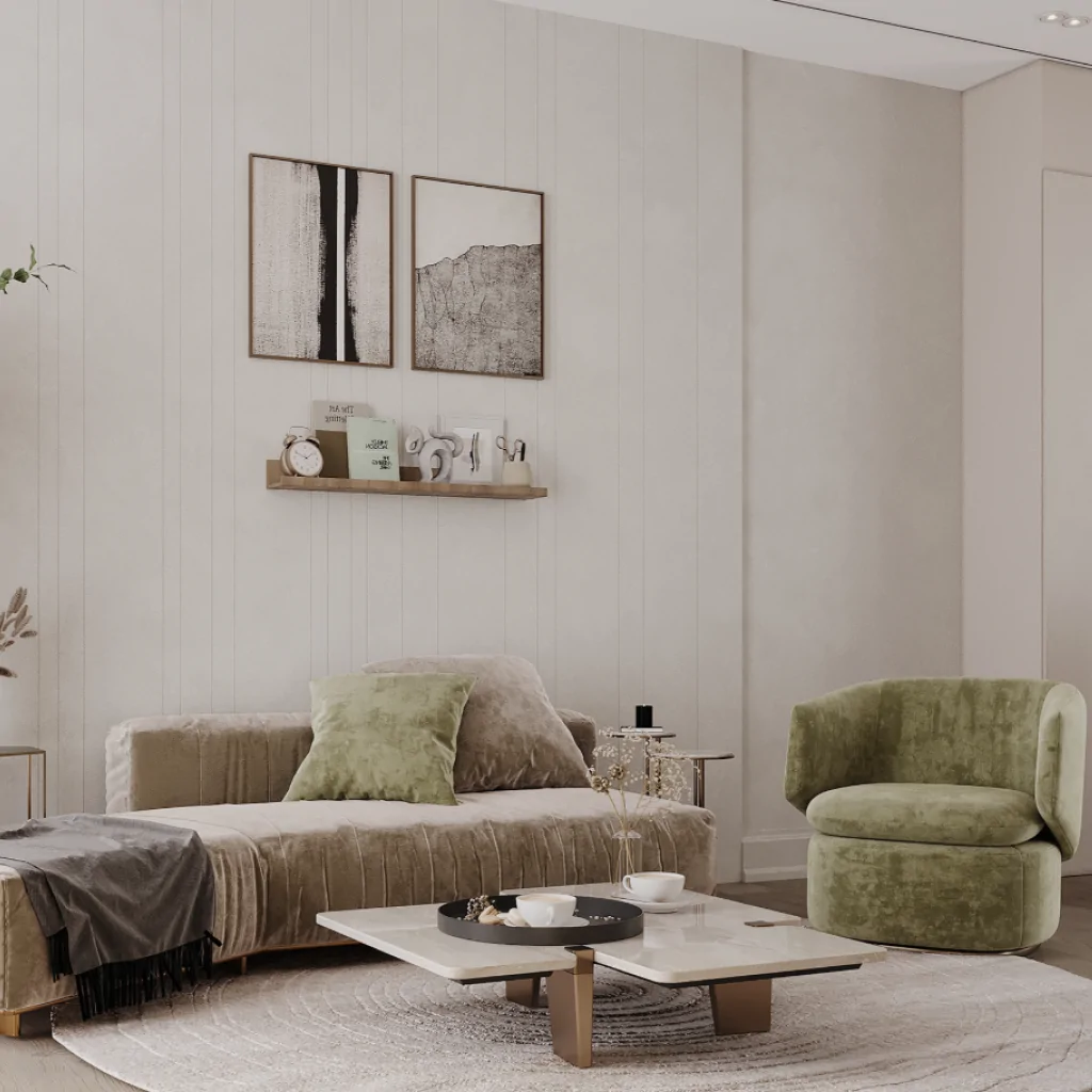 Оливкові меблі у білому дизайні інтер'єру