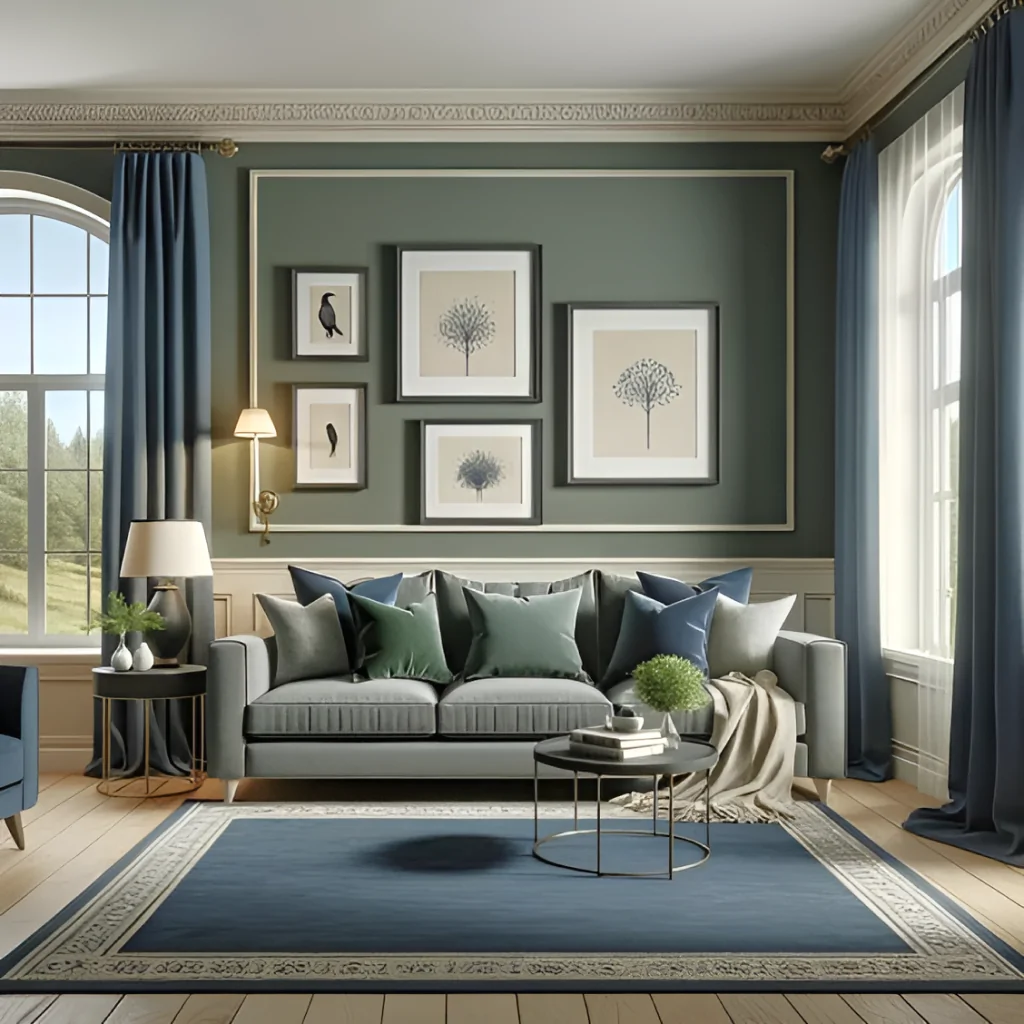 Оливкова вітальня із синім декором