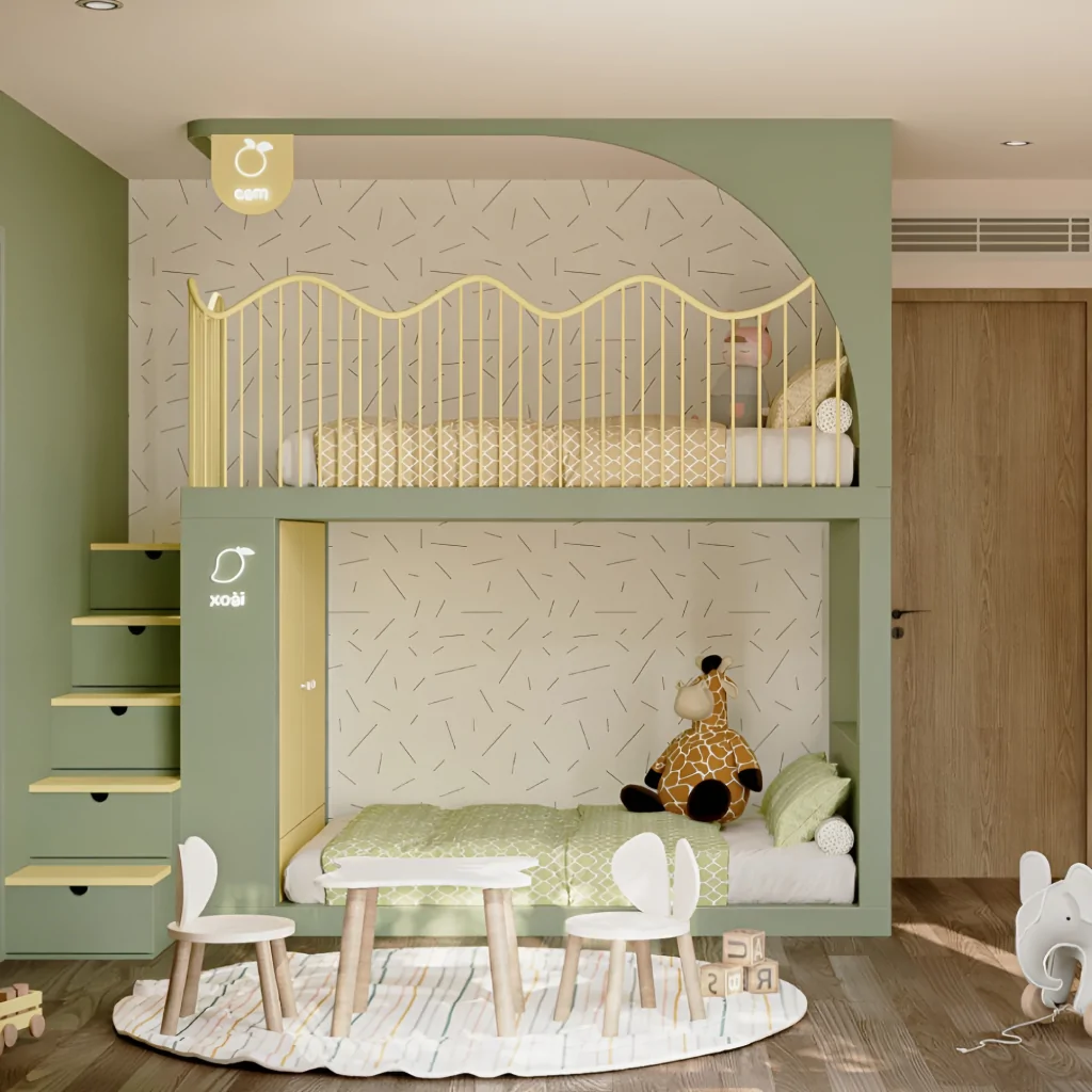 Оливковий інтер'єр дитячої кімнати із жовтими акцентами