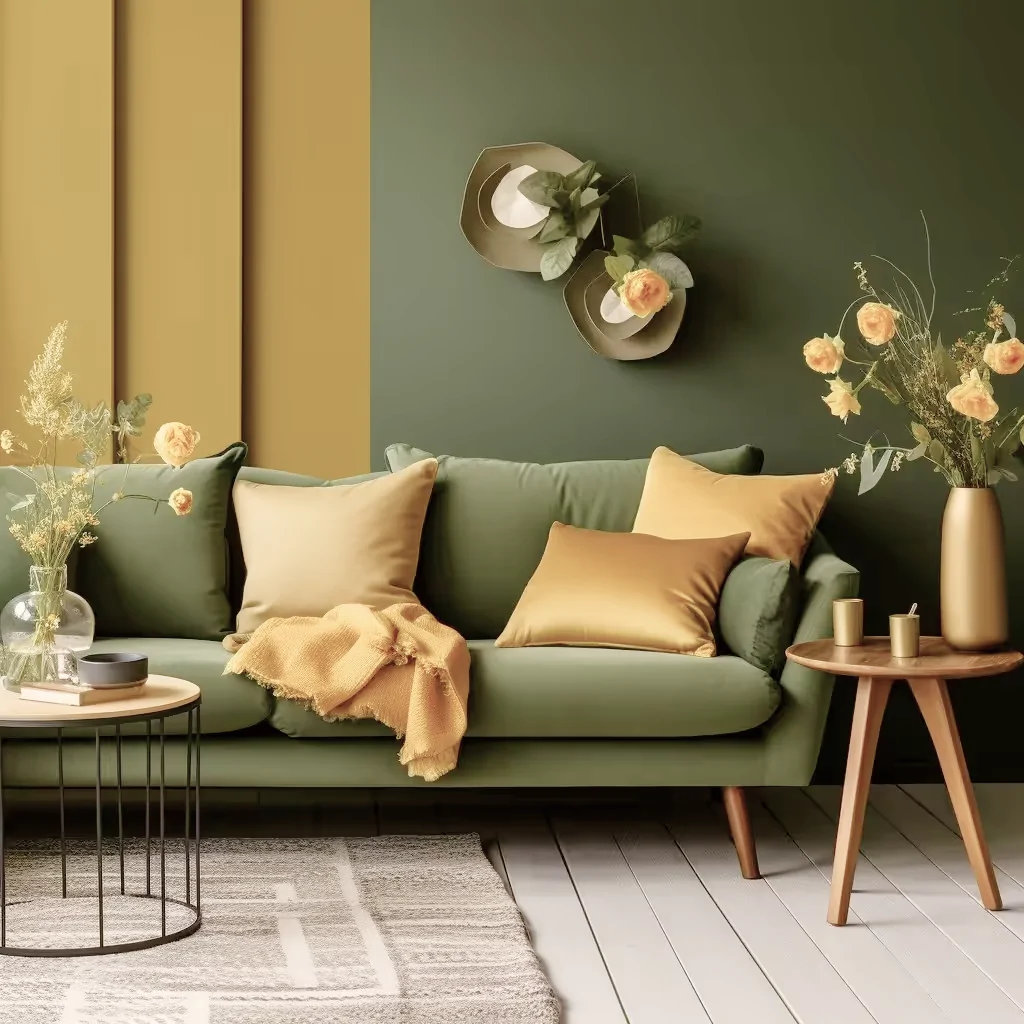 Жовтий текстиль в оливковому дизайні інтер'єру