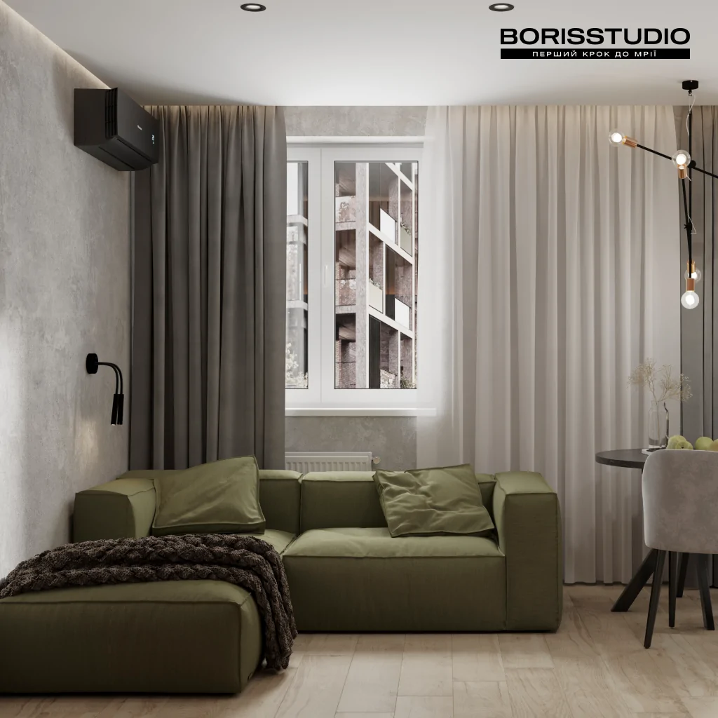 Оливковая мебель в сером дизайне интерьера