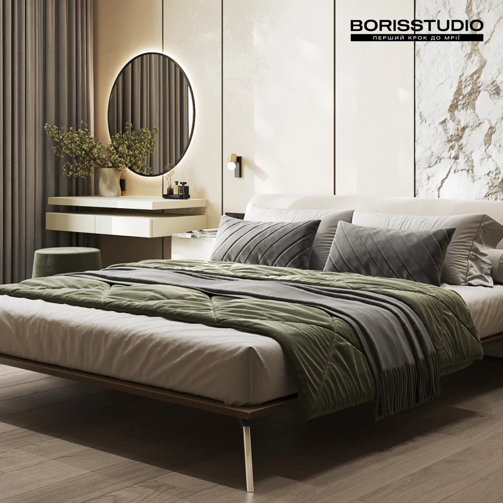 Оливковий колір у бежевому дизайні інтер'єру