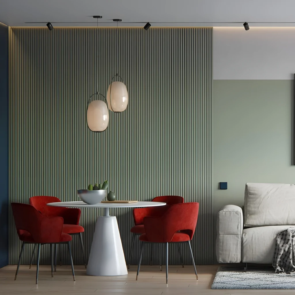 Оливковый интерьер квартиры с красной мебелью