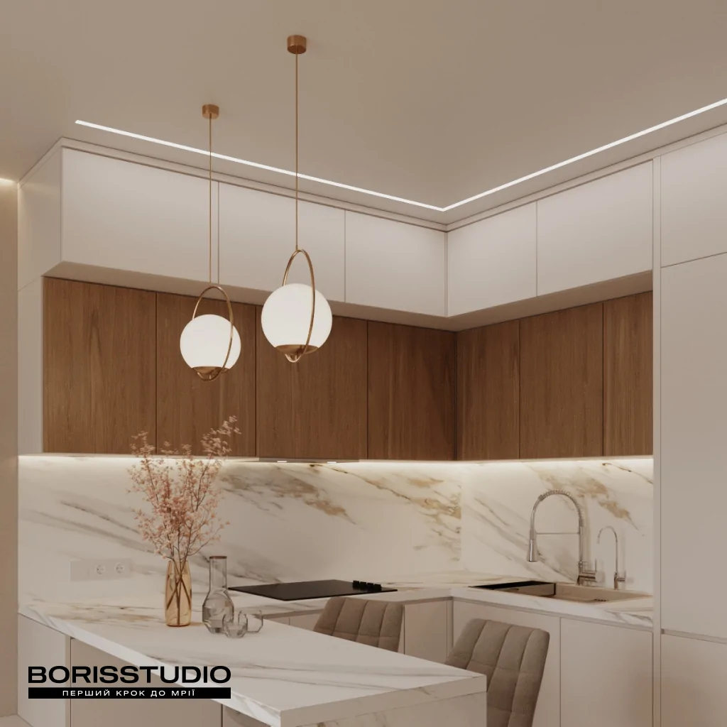 Дизайн интерьера кухни с подвесными светильниками