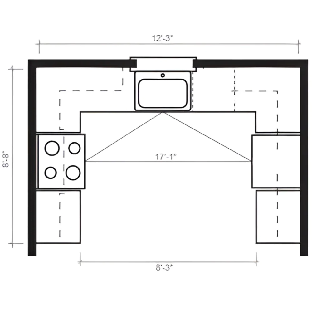 П-подібне планування кухні без верхніх шаф