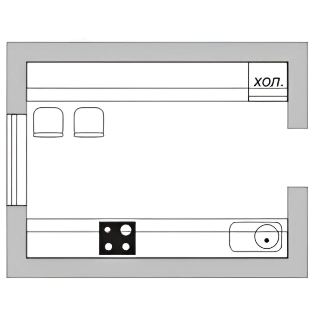 Схема паралельної кухні без верхніх шаф