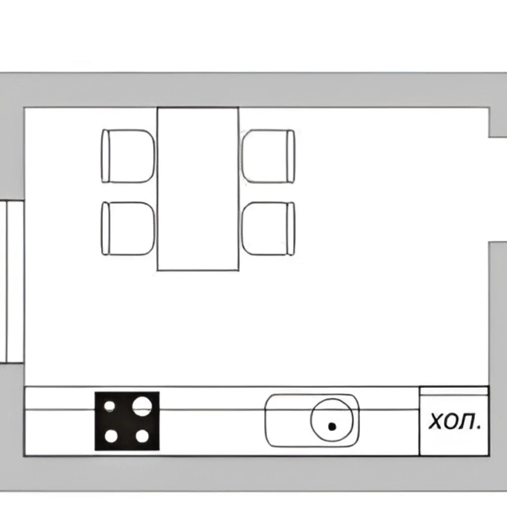 Схема прямої кухні без верхніх шаф