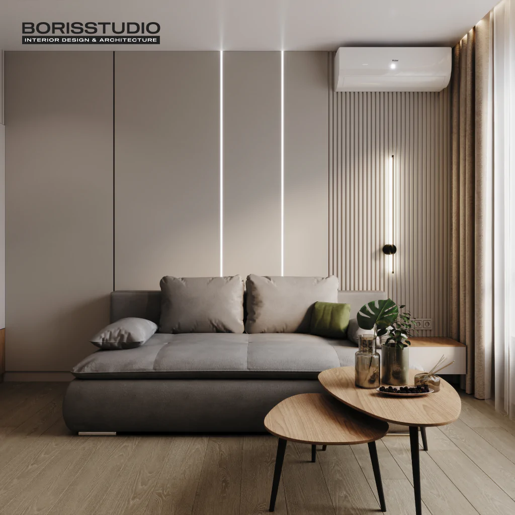 Рейки в дизайні інтер'єру вітальні