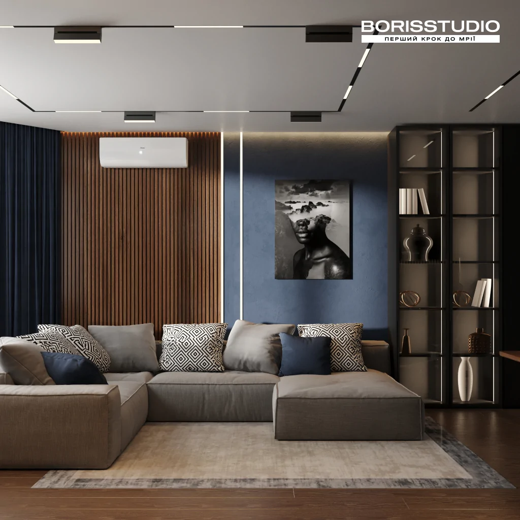 Синій колір у дизайні інтер'єру вітальні