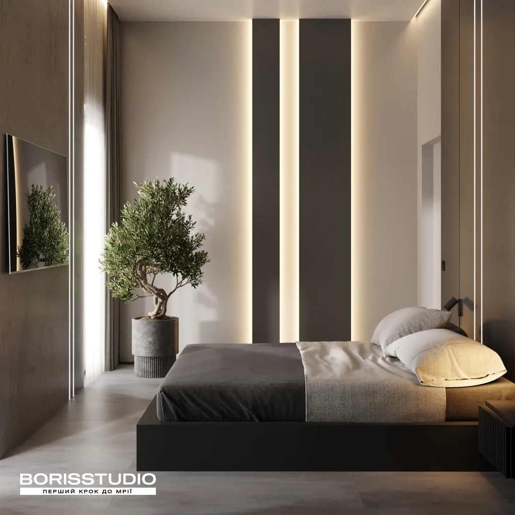 Спальня з гардеробною в стилі хай-тек