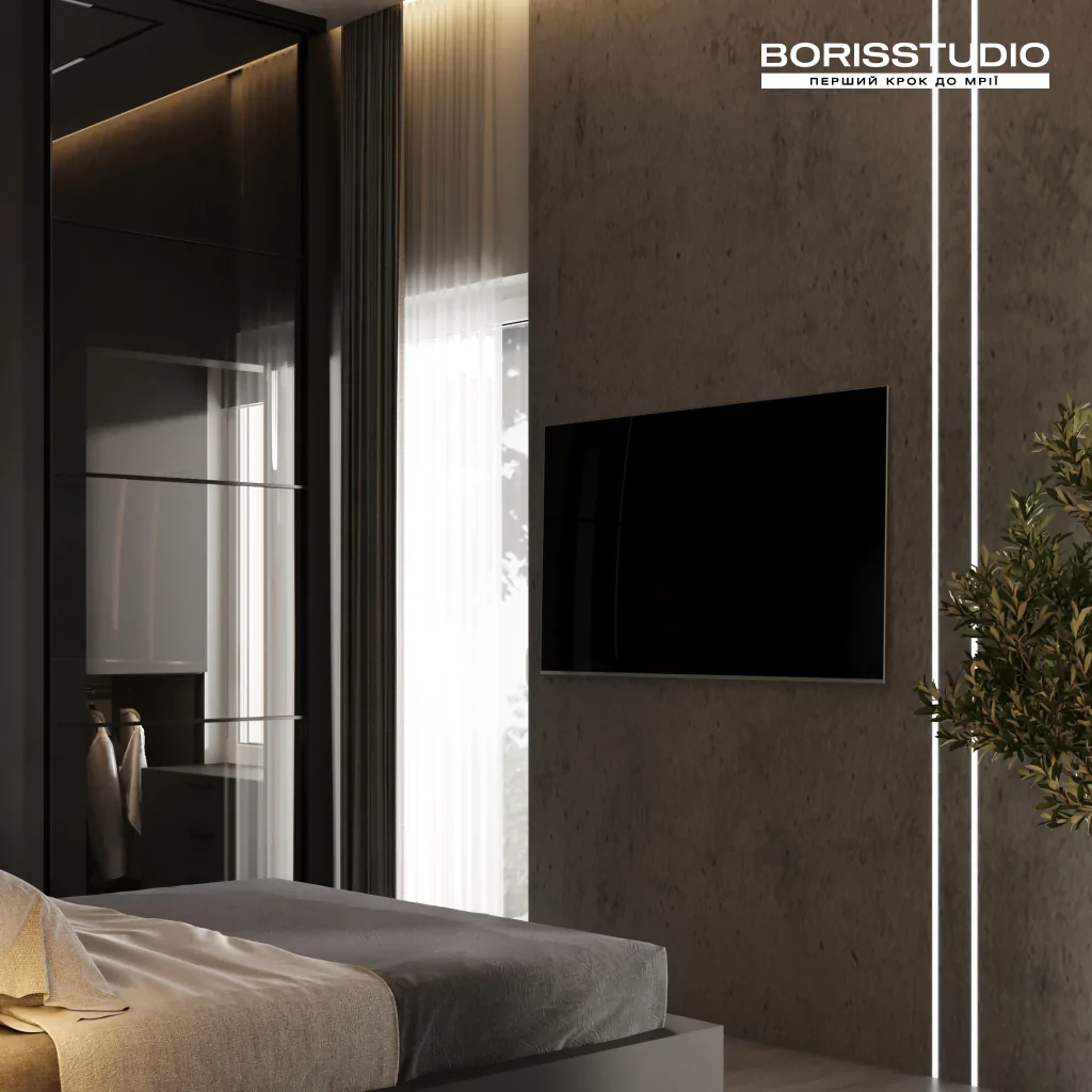 Дизайн спальні з гардеробною в стилі хай-тек