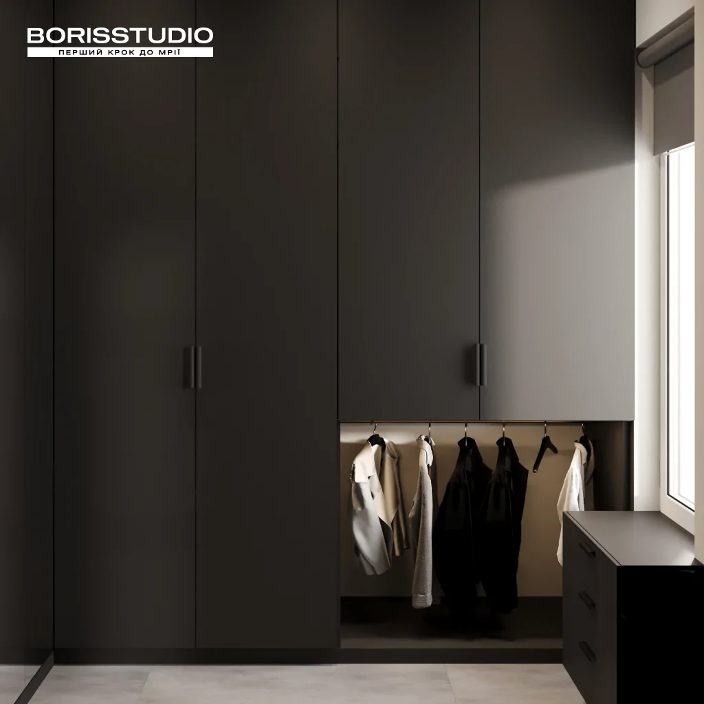 Дизайн-проект спальні з гардеробною в стилі хай-тек