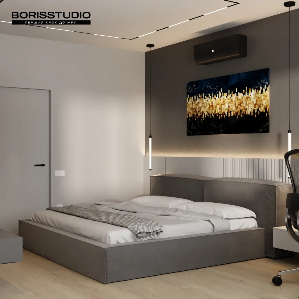 Спальня з гардеробною у стилі мінімалізм