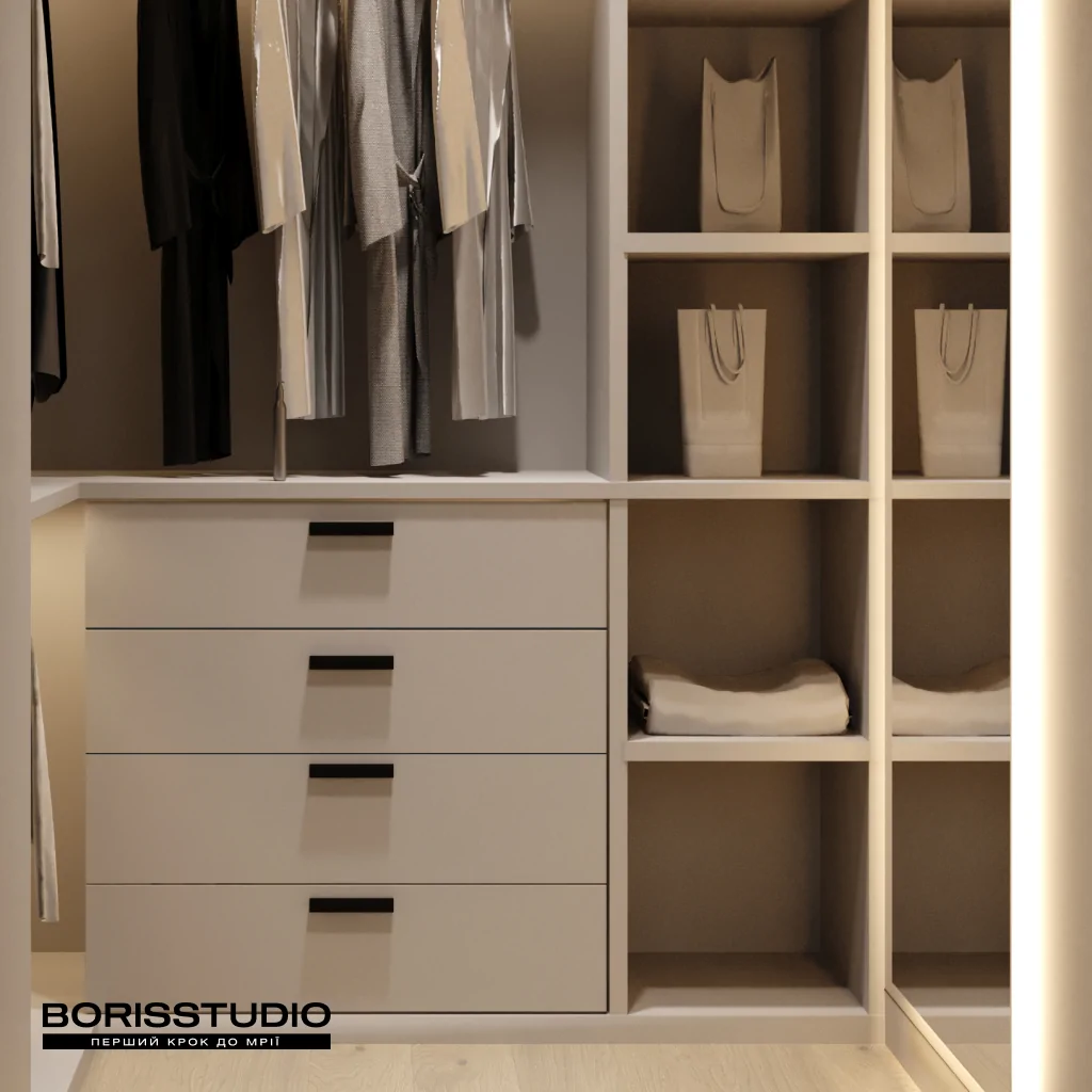 Дизайн спальні з гардеробною в стилі мінімалізм