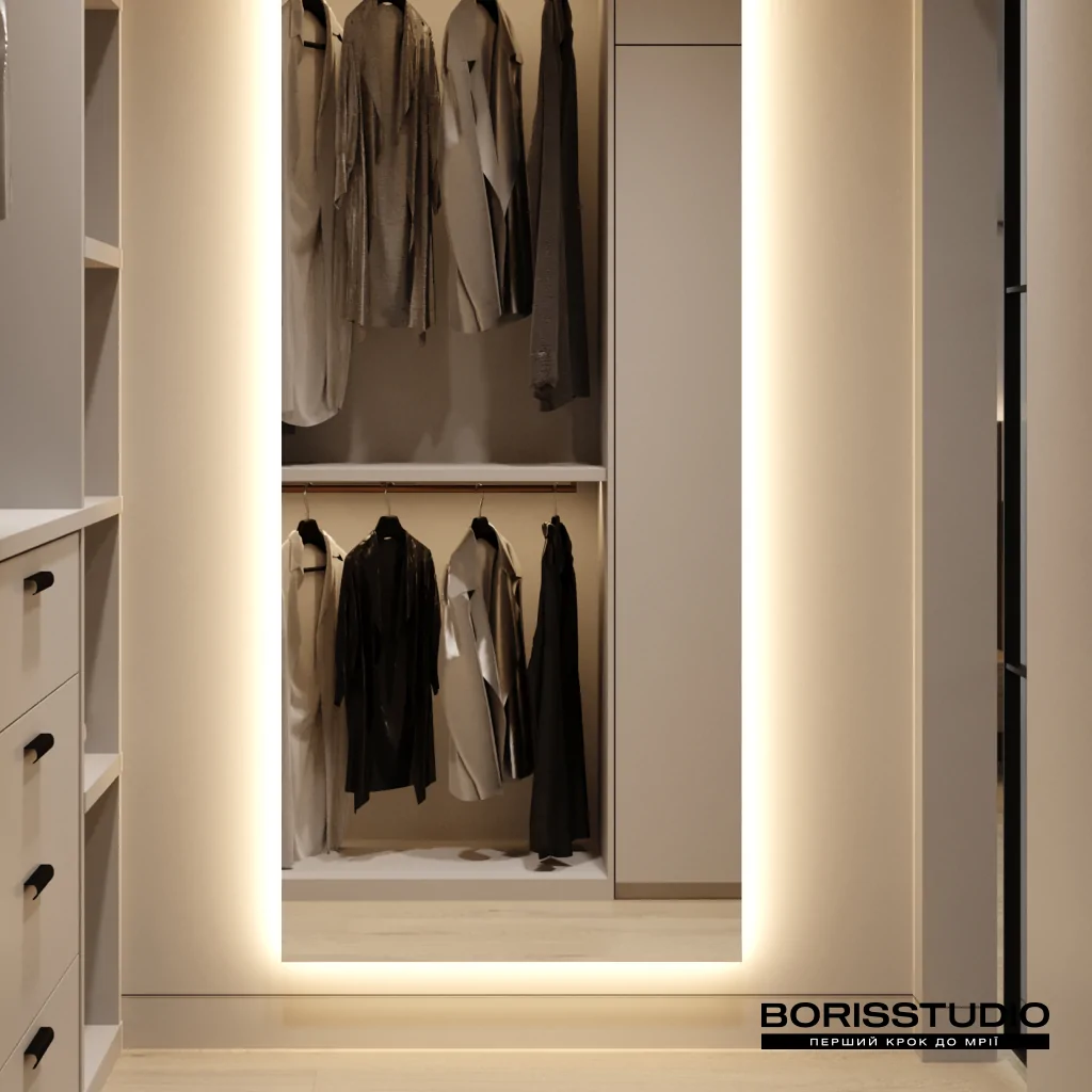Дизайн-проект спальні з гардеробною в стилі мінімалізм