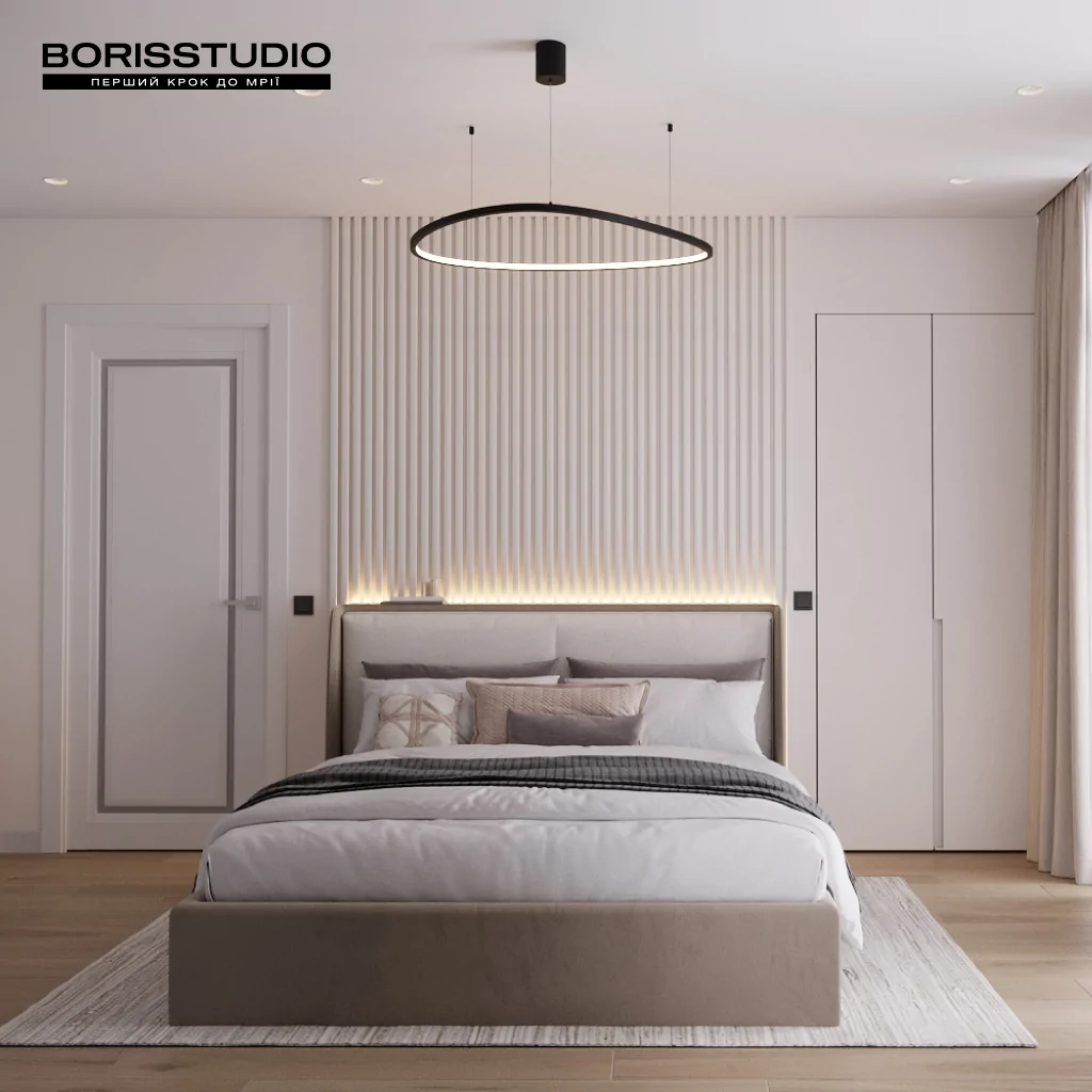 Спальня з гардеробною у сучасному стилі