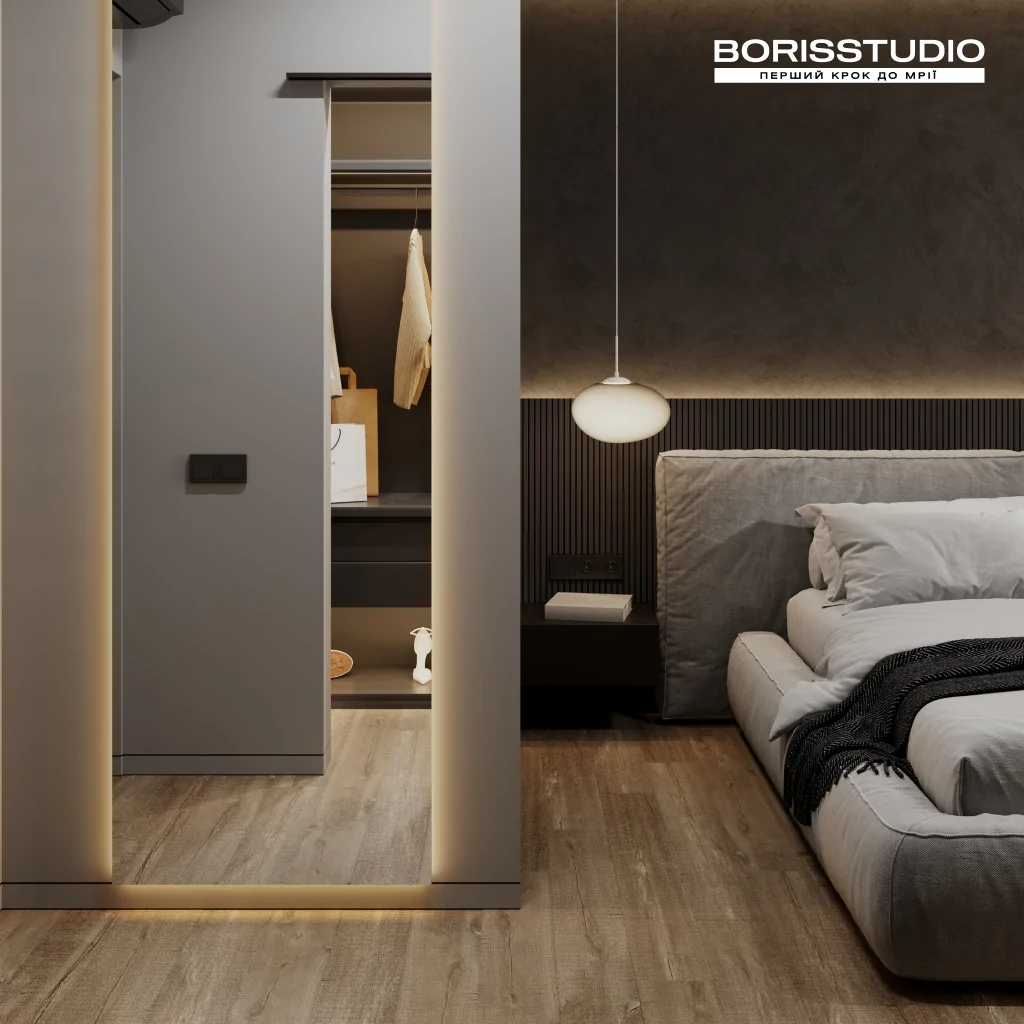 Спальня з гардеробною в стилі лофт