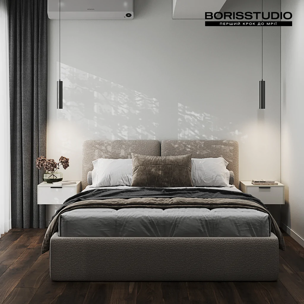 Інтер'єр вузької спальні в сучасному стилі