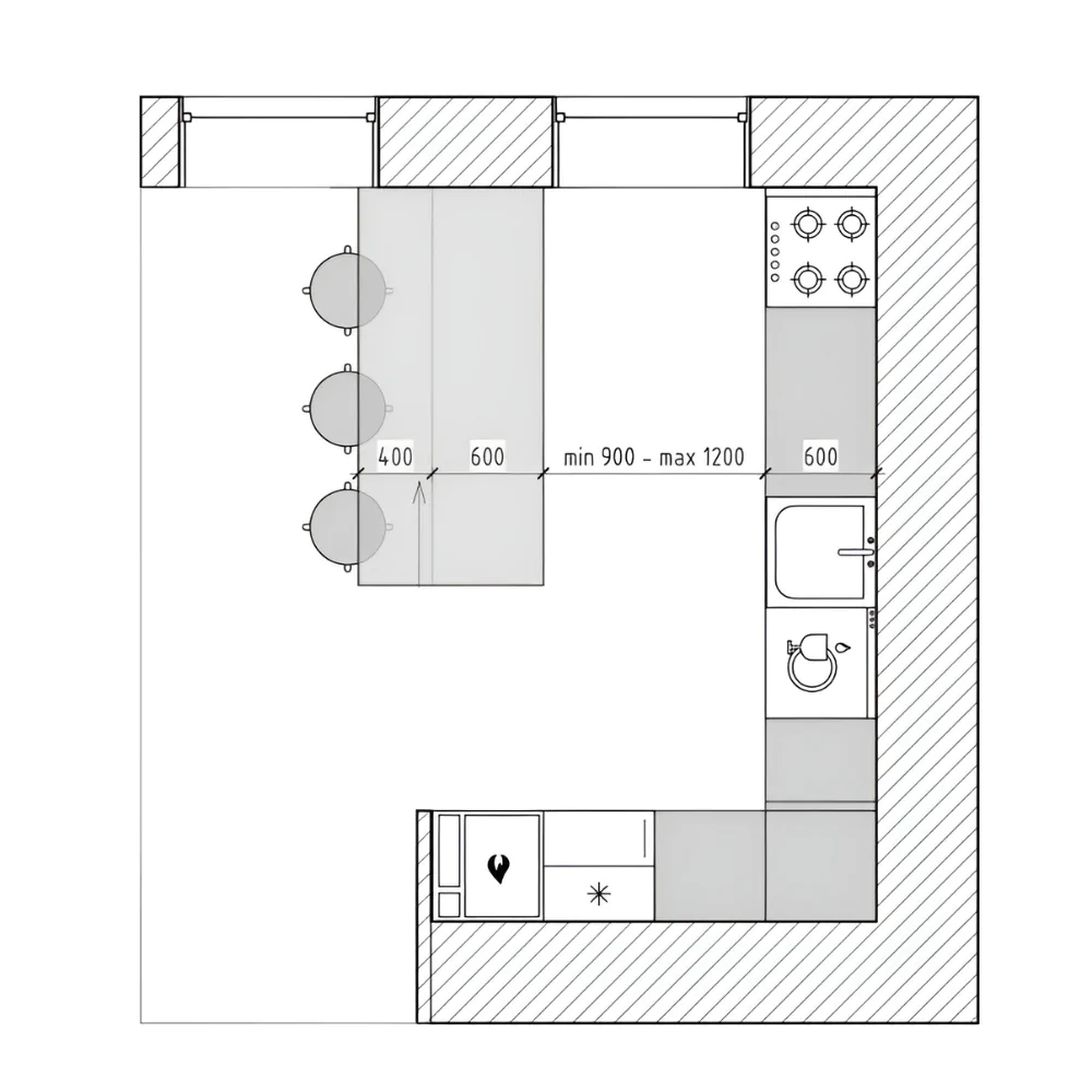 Г-подібна кухня без верхніх шаф