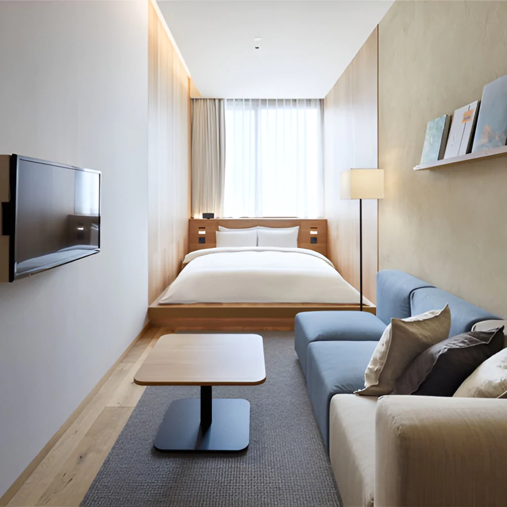 Дизайн узкой спальни в стиле минимализм