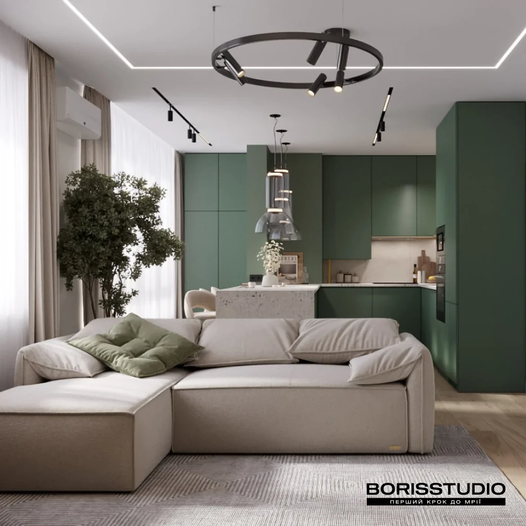 Дизайн кухни-гостиной в зеленом цвете
