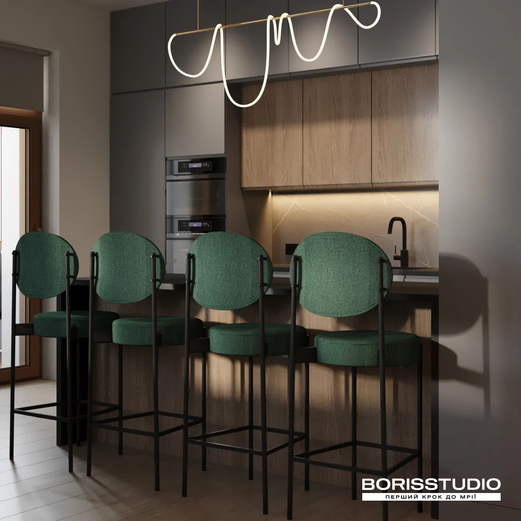 Интерьер кухни-гостиной в зеленом цвете