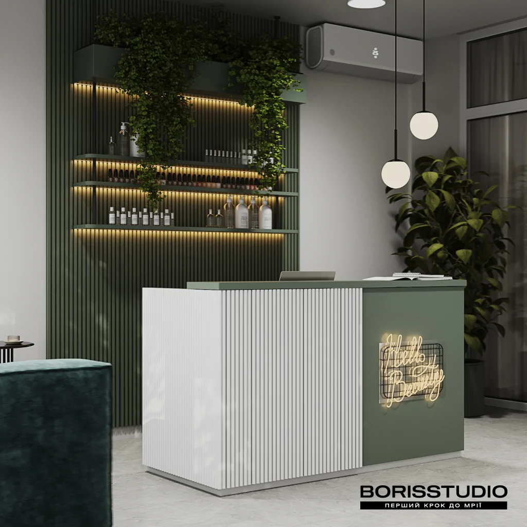 Дизайн рецепції для салону краси у зеленому кольорі